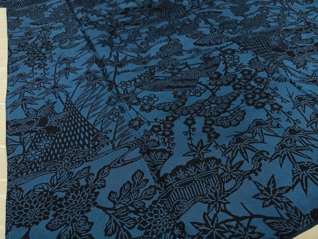 平和屋着物●本藍 小紋 型染め 風景草花文 正絹 逸品 AAAY0077zg