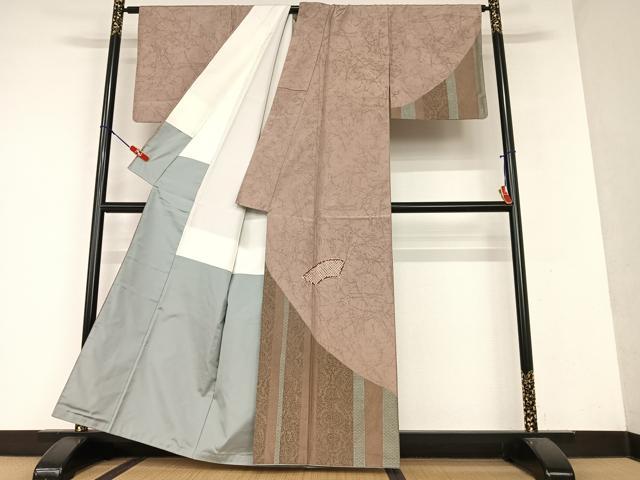 平和屋着物●本場染大島紬 訪問着 絞り 地紙草花間道 金彩 正絹 逸品 AAAY0093zg