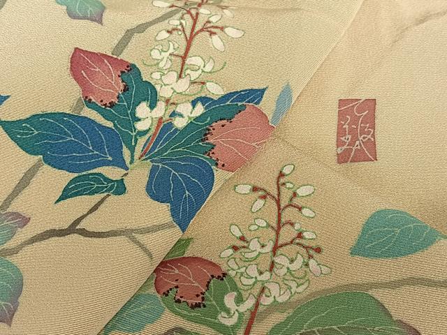 平和屋着物●本加賀友禅作家 小野てる美 訪問着 枝花文 浜ちりめん 仮絵羽 正絹 逸品 未使用 AAAY0156zg