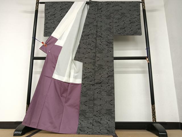 平和屋着物●本場大島紬 一元絣 風景文 黒地 西武百貨店扱い 正絹 逸品 AAAY0267zg