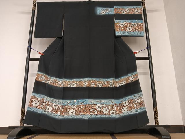 平和屋着物●訪問着 辻が花紋様 暈し染め 黒地 正絹 逸品 AABI2617cs