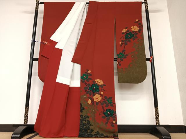 平和屋着物●豪華振袖 草花シルエット 椿 金彩 正絹 逸品 AAAY0298zg