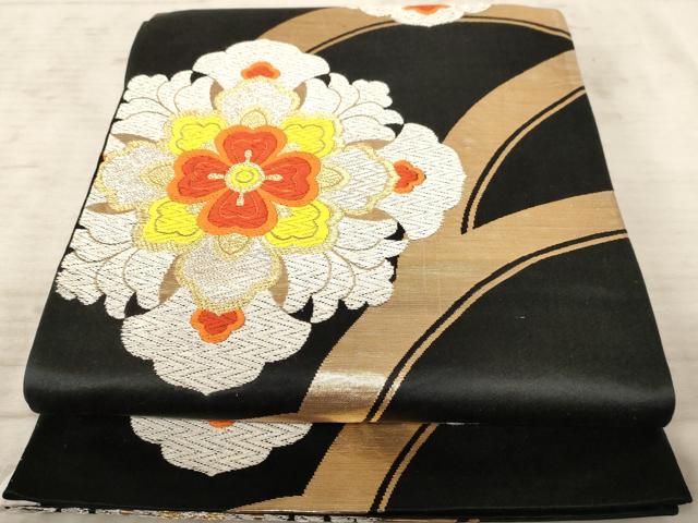 平和屋着物◎六通柄袋帯 唐織 正倉院花文 黒地 金銀糸 正絹 逸品 AAAY0724dt