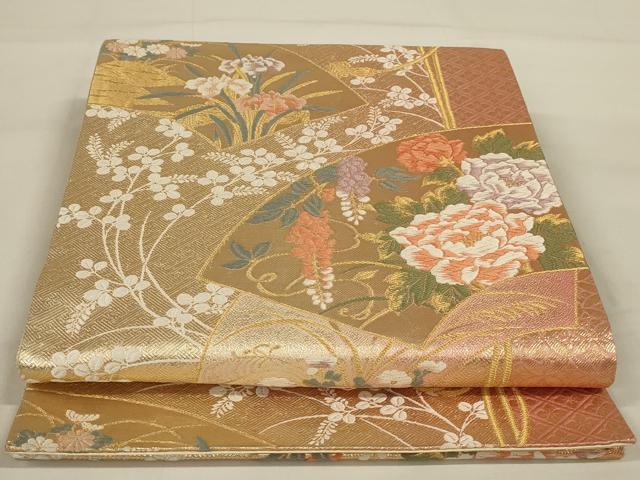 平和屋着物◎六通柄袋帯 唐織 地紙重ね草花文 金糸 正絹 逸品 AAAY0839ou