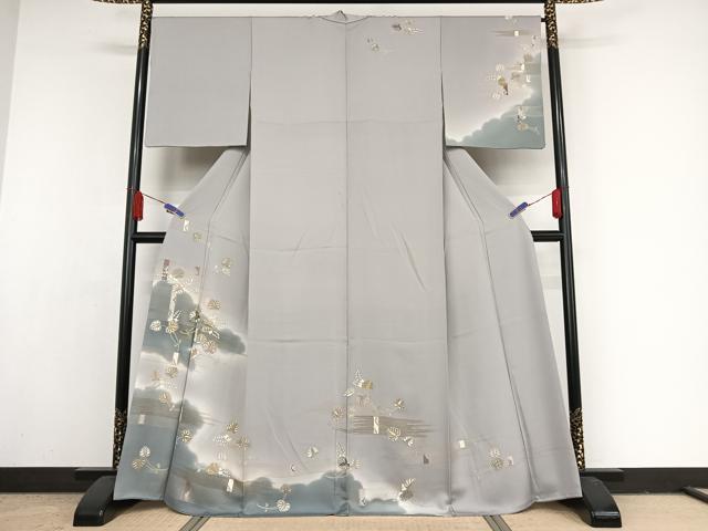 平和屋着物●創業460年・千總 訪問着 刺繍 葵 暈し染め 金糸 金彩 灰青色地 そごう扱い 正絹 逸品 AAAY1594np