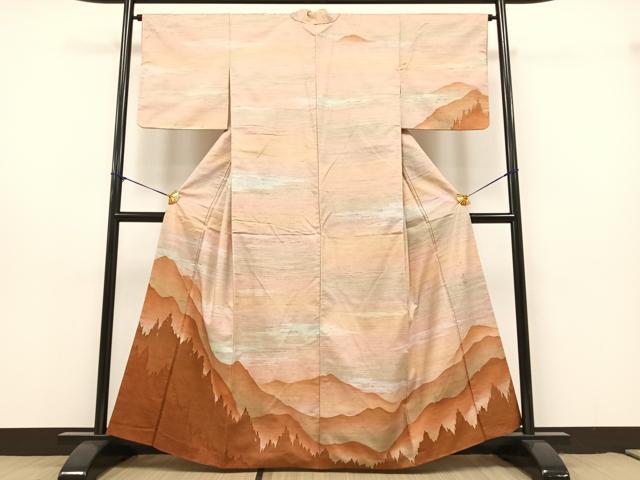 平和屋着物●訪問着 ろう彩染 遠山樹林シルエット 正絹 逸品 AAAY1728np