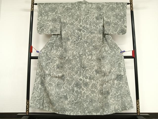 平和屋着物▽生紬 単衣 手描き 更紗花文 正絹 逸品 AAAY1749np
