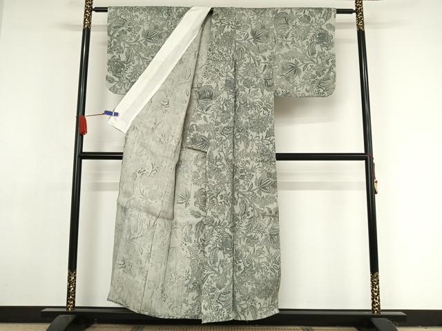平和屋着物▽生紬 単衣 手描き 更紗花文 正絹 逸品 AAAY1749np
