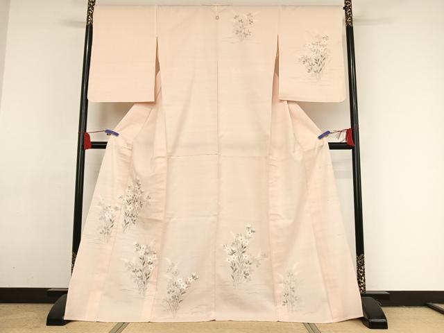 平和屋着物▽訪問着 単衣 紬地 手描き 草花文 正絹 逸品 AAAY1753np