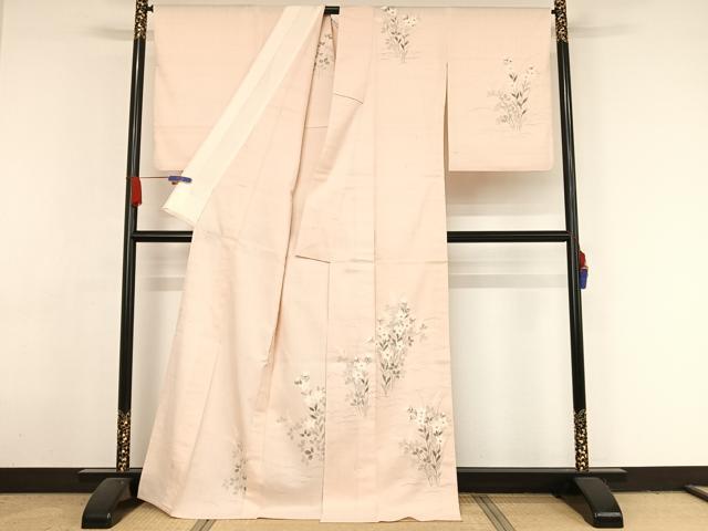 平和屋着物▽訪問着 単衣 紬地 手描き 草花文 正絹 逸品 AAAY1753np