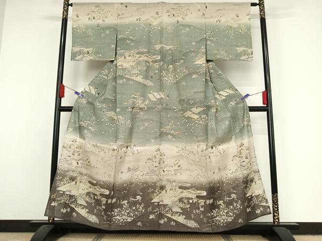 平和屋着物▽染織の名門 しょうざん 生紬 訪問着 単衣 手描き 人物風景文 鈴乃屋扱い 正絹 逸品 未使用 AAAY1763np