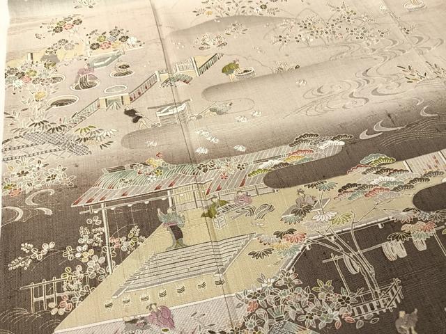平和屋着物▽染織の名門 しょうざん 生紬 訪問着 単衣 手描き 人物風景文 鈴乃屋扱い 正絹 逸品 未使用 AAAY1763np