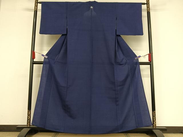 平和屋着物▽お召 単衣 色無地 深縹色 正絹 逸品 AAAY1764np