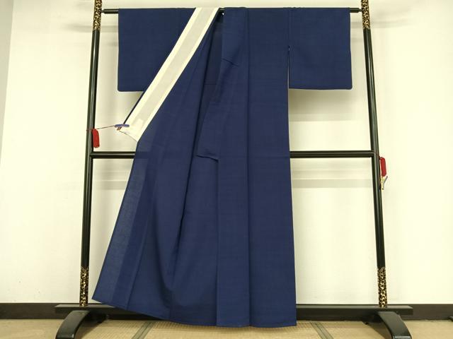 平和屋着物▽お召 単衣 色無地 深縹色 正絹 逸品 AAAY1764np
