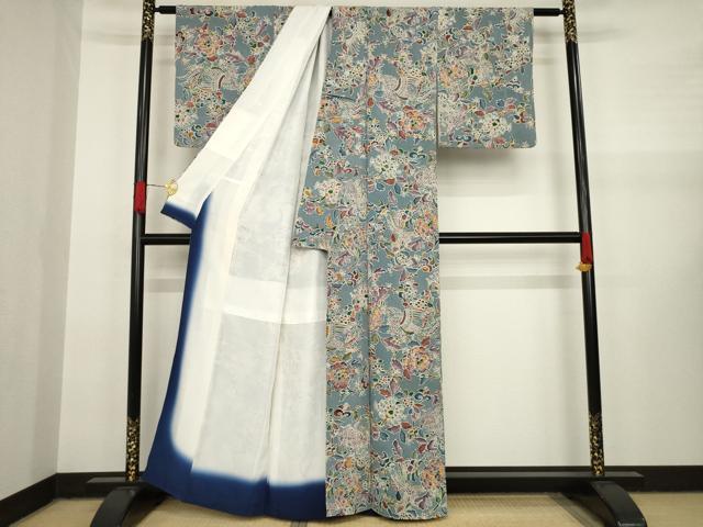 平和屋着物●上質な小紋 手描き 更紗鳳凰花文 鬼しぼ縮緬 正絹 逸品 AAAY1888ck