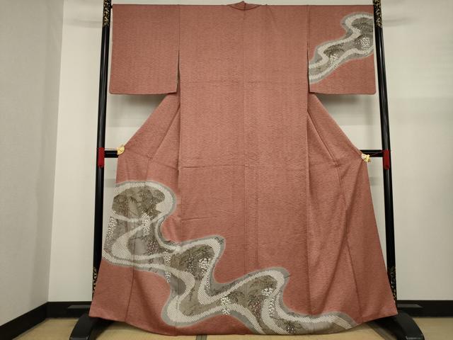 平和屋着物●訪問着 手描き 絞り 流水文 胡蝶蘭 金彩 正絹 逸品 AAAY1950ck