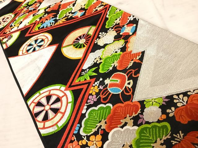 平和屋着物◎六通柄袋帯 唐織 松皮菱吉祥文 黒地 金銀糸 正絹 逸品 AAAY2160yx