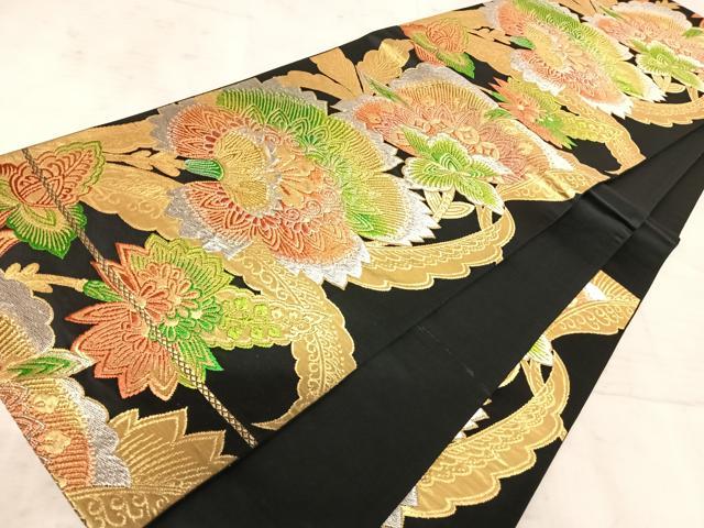 平和屋着物◎六通柄袋帯 更紗花文 黒地 金銀糸 正絹 逸品 AAAY2173yx