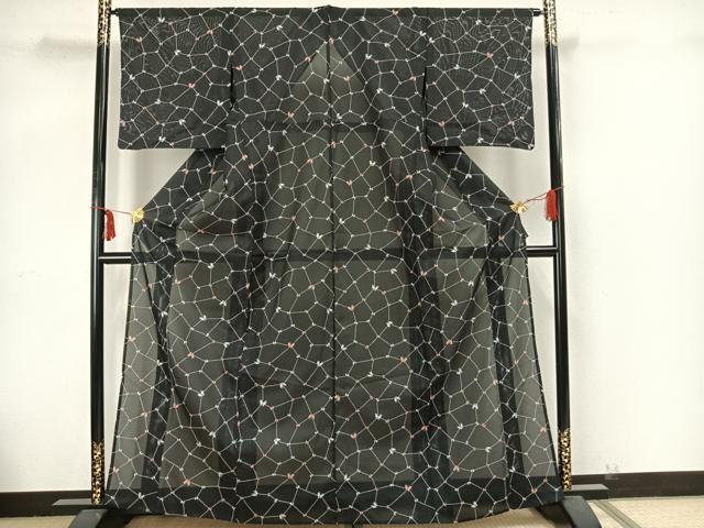 平和屋着物*夏物 小紋 絽 舞蝶文 黒地 洗える着物 AAAY3095fy