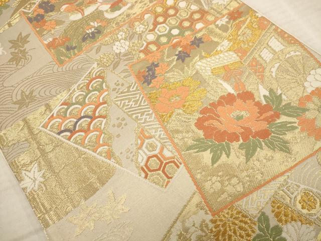 平和屋着物◎六通柄袋帯 唐織 色紙花鳥文 金糸 正絹 逸品 AAAY4476dt
