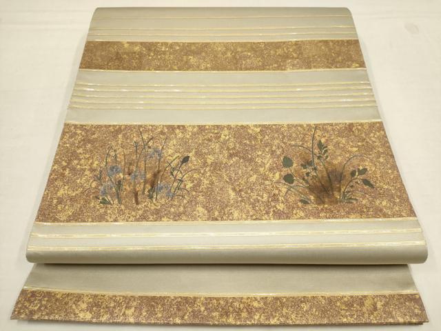 平和屋着物▼太鼓柄袋帯 螺鈿箔 横段草花文 金彩 引箔 正絹 逸品 AAAY4928wj