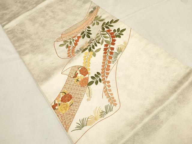 平和屋着物▼総刺繍 袋帯 草花文 金糸 正絹 逸品 AAAY5103wj