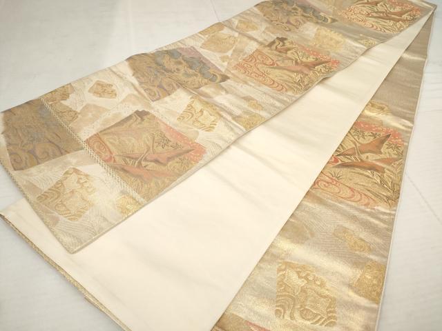 平和屋着物◎六通柄袋帯 色紙花鳥文 金糸 正絹 逸品 AAAY6212sg