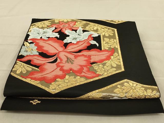 平和屋着物◎六通柄袋帯 亀甲花文 黒地 金銀糸 正絹 逸品 AAAY6365ou