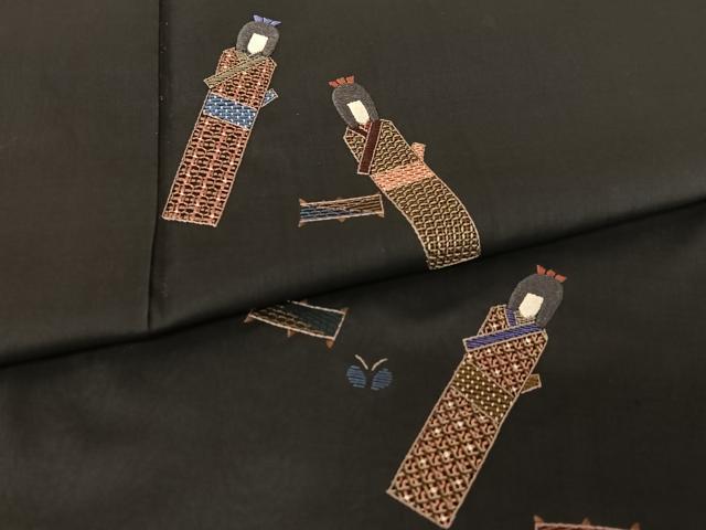 平和屋着物●本場大島紬 訪問着 刺繍 橘 黒地 正絹 逸品 AAAY6417zg