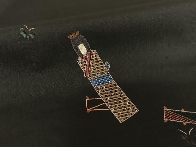 平和屋着物●本場大島紬 訪問着 刺繍 橘 黒地 正絹 逸品 AAAY6417zg