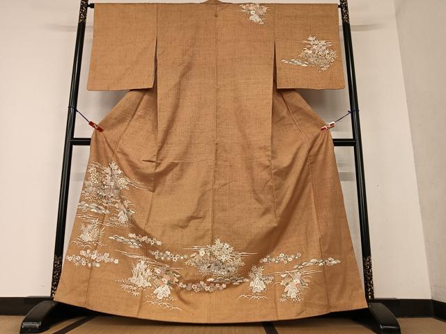 平和屋着物●訪問着 友禅 紬地 松竹梅風景文 正絹 逸品 AAAY6481zg