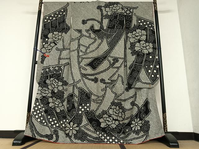平和屋着物●豪華振袖 絞り 几帳花文 黒地 正絹 逸品 AABI4450ck