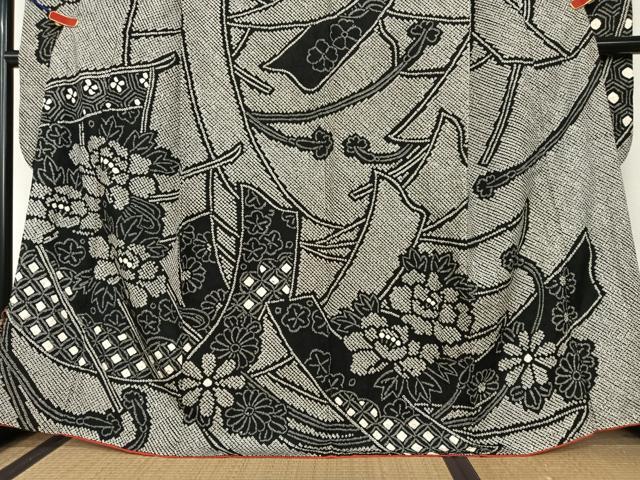 平和屋着物●豪華振袖 絞り 几帳花文 黒地 正絹 逸品 AABI4450ck