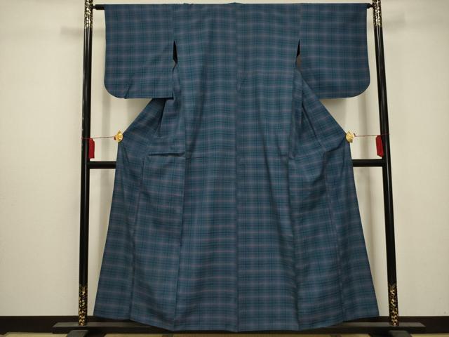 平和屋着物▽上質な紬 単衣 八丈織 市松綾織 格子 正絹 逸品 AAAY6973sx