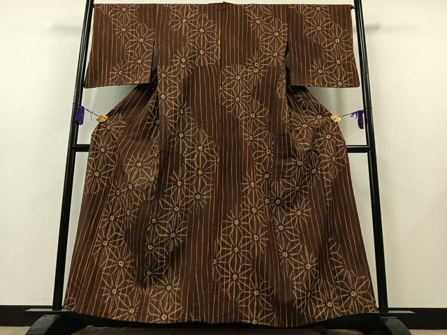 平和屋着物▽上質な紬 単衣 麻の葉文 正絹 逸品 AAAY7275jh