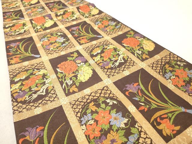 平和屋着物◎六通柄袋帯 唐織 格子花文 金糸 正絹 逸品 AAAY7438sg