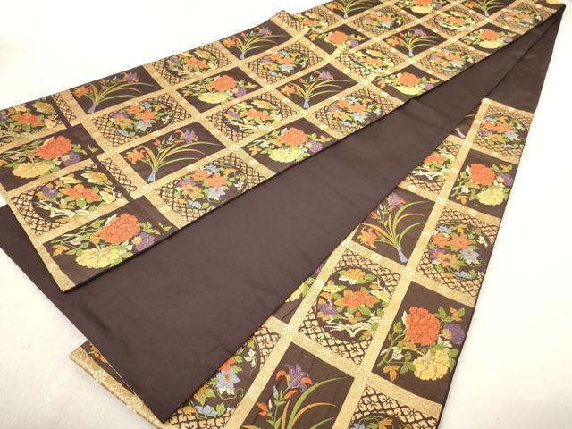 平和屋着物◎六通柄袋帯 唐織 格子花文 金糸 正絹 逸品 AAAY7438sg