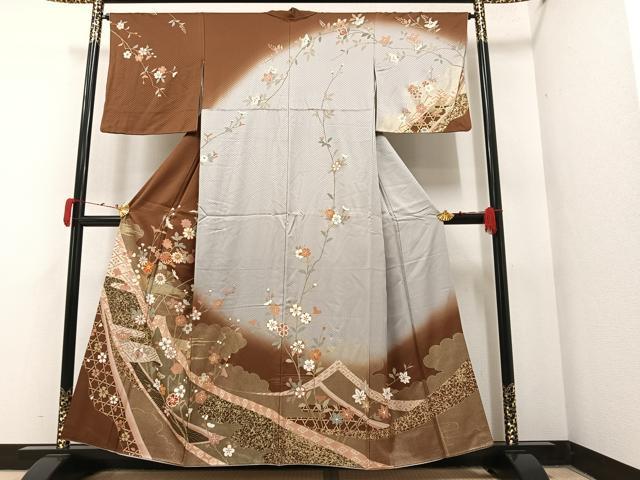 平和屋着物●訪問着 駒刺繍 枝花文 暈し染め 金彩 正絹 逸品 AAAY7892ph