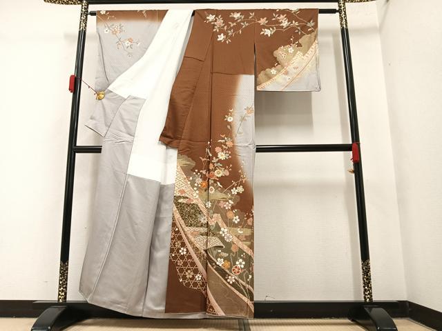 平和屋着物●訪問着 駒刺繍 枝花文 暈し染め 金彩 正絹 逸品 AAAY7892ph