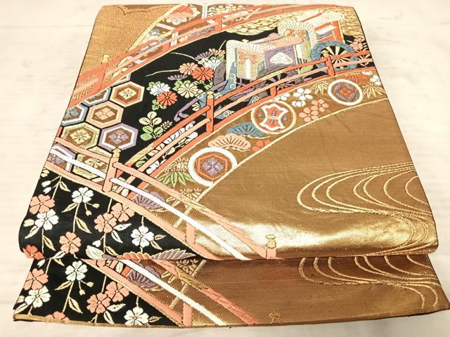 平和屋着物◎六通柄袋帯 唐織 古典青海橋文 黒地 金銀糸 正絹 逸品 AAAY8389yx