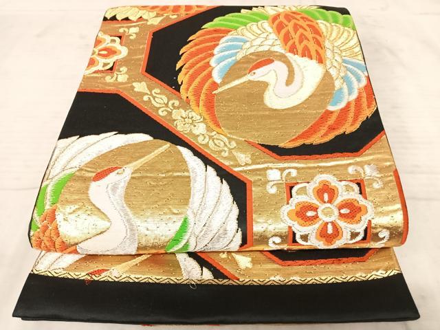 平和屋着物◎六通柄袋帯 唐織 飛鶴花文 黒地 金銀糸 正絹 逸品 AAAY8538yx