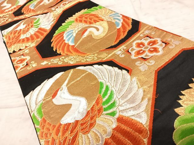 平和屋着物◎六通柄袋帯 唐織 飛鶴花文 黒地 金銀糸 正絹 逸品 AAAY8538yx
