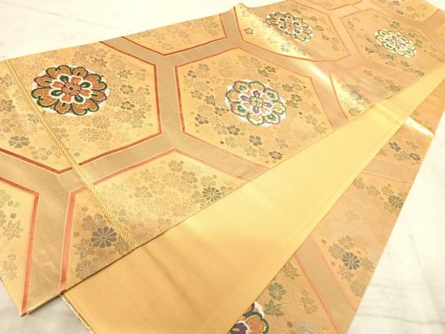 平和屋着物◎六通柄袋帯 唐織 亀甲花文 金糸 正絹 逸品 AAAY8546yx