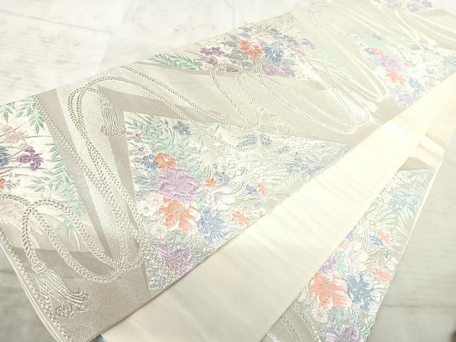 平和屋着物◎六通柄袋帯 唐織 結び紐花文 銀糸 正絹 逸品 AAAY8564yx