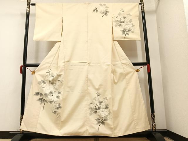 平和屋着物●訪問着 紬地 手描き 枝花文 正絹 逸品 AAAY8631ph
