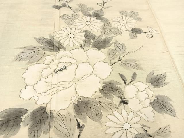 平和屋着物●訪問着 紬地 手描き 枝花文 正絹 逸品 AAAY8631ph