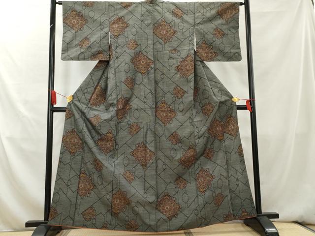 平和屋着物■上質な紬 正倉院花文 黒地 正絹 逸品 AAAY9316cs