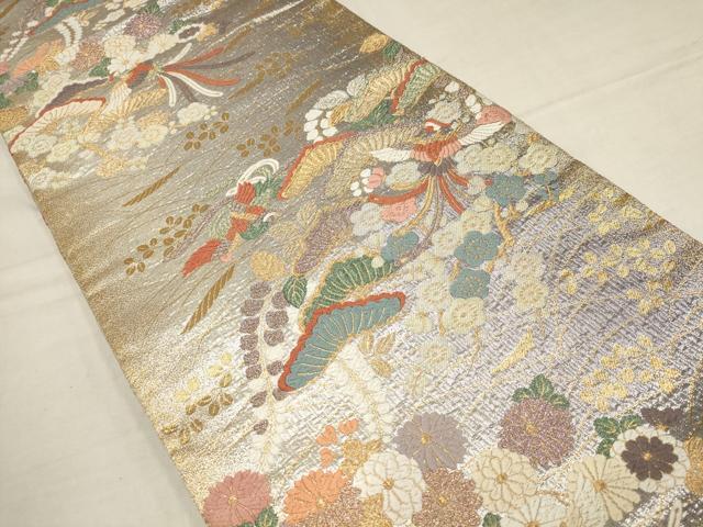 平和屋着物▼六通柄袋帯 唐織 飛鶴松梅文 金銀糸 正絹 逸品 AAAY9495wj