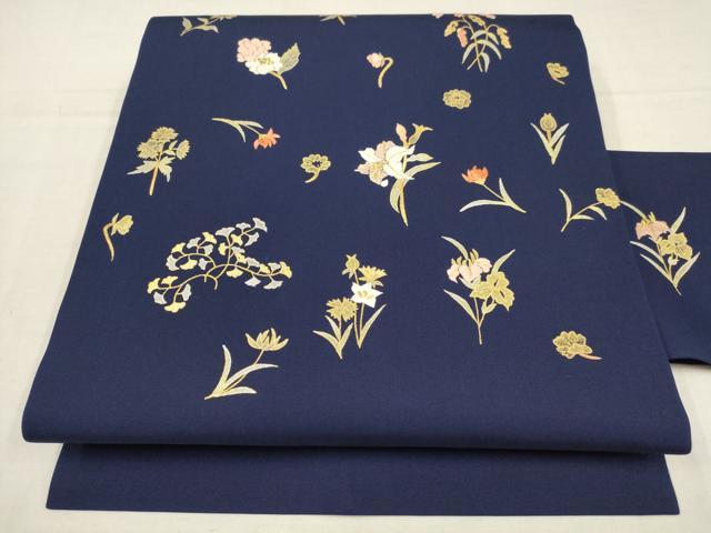 平和屋着物▼塩瀬 九寸名古屋帯 刺繍 草花文 金銀糸 正絹 逸品 AAAY9555wj