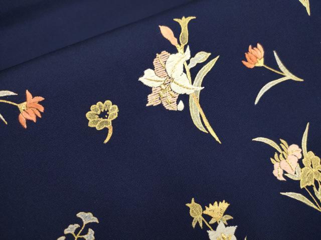 平和屋着物▼塩瀬 九寸名古屋帯 刺繍 草花文 金銀糸 正絹 逸品 AAAY9555wj